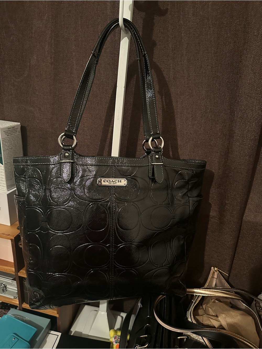 Coach Black Patent Leather Embossed Signature Tote - Coach